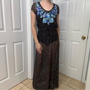Maaji Coverup Dress Sheer Long Mesh Embroidered Boho Beach Vacation Size Medium